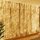 300LED Lichtervorhang Warmweiß, HXWEIYE 3mx3m Lichterkettenvorhang USB 8 Modi LED Lichterkette mit 22 Haken Fernbedienung Timer verstellbare Helligkeit für Weihnachten Party Innen und außen Dek