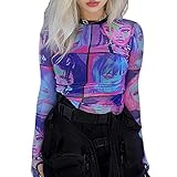 Damen y2k Gesichts-/Porträt-Grafikdruck, langärmelig, bauchfreies Oberteil, mehrfarbig, Rundhalsausschnitt, schmal, durchsichtiges Netz-T-Shirt, mehrfarbig, M