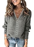 Maavoki Damen Strickpullover mit V-Ausschnitt, Knopf Langarm Strick Tops für Frauen, Elegant Spitzentop Einfarbig Sweater Herbst Winter Grau S