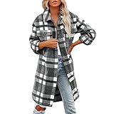 SIOPEW Damen Winter Mantel Outerwear GebüRstete Karierte Hemden Langarm Flanell Revers Button-Down-Shacket Jacken MäNtel Parka Klassisch Winddicht Warm Frauen Casual Mode C
