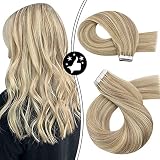 Moresoo Tape in Extensions Echthaar Blond Strähnen Remy Skin Weft Echthaar Extensions Tape Dicke Haare Seamless Tape Extensions Echthaar Dunkel Aschblond mit Goldblond 20pcs 50g 55