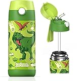 JARLSON® Trinkflasche Kinder - TÜV geprüft - Thermo Edelstahl Wasserflasche 350ml - BPA frei - auslaufsicher - Kinderflasche mit Strohhalm - Flasche für Schule, Kindergarten (Dinosaurier)