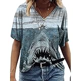 Damen Kurzarm T-Shirt Pullover Casual Bedruckte V-Ausschnitt Loose Top Bluse Ob