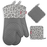 Gesentur Ofenhandschuh, Topfhandschuhe Anti-Rutsch Hitzebeständige Silikon und Baumwolle 1 Paar und 2 Topflappen (Gray)