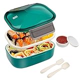 BIBURY Bento Boxen, Auslaufsichere Brotdose Kinder und Erwachsene, Lunch Boxen mit Besteck, Joghurtbecher und 4 Fächern, Lebensmittelbehälter BPA-Frei, Mikrowellen und Spülmaschinenfest, 1.7L (Grün)