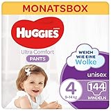 Huggies Ultra Comfort Pants Größe 4, 9 bis 14 kg, Für aktive Kinder, Mit Nässeindikator und Wolken-Taillenbündchen-Technologie, 144 Windeln, Monatsbox, Monatspack, Großpackung