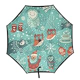 Isaoa niedlicher Weihnachts-Regenschirm mit Weihnachtsmann-Motiv, Fuchs, Reh, Yeti, Eule, umgekehrter Golfschirm, automatisches Öffnen, winddicht, wasserdicht, groß, faltbar, mit Trag