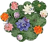Teich Dekoration 24 Stück, MicButty Seerosen Künstlich, Seerose Lotusblüte und Lotusblätter blätter mit Libelle Frosch, Schwimmende Blumen Dekor Lotusblüte Wasserlilie für gartenteich deko G