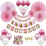 ZNZ Baby Geburtstagsdeko, 1. Geburtstag Party Dekorationen für Mädchen | Ammer Banner, Ballons, Hängende Papierfächer Blume Set, Cake Topper, Papierquasten und Baby Prinzessin Kranz Krone Hut (Pink01)