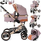 Daliya® Bambimo 3in1 Kinderwagen Riesenset 15-Teilig Kombikinderwagen Babywanne, Buggy, Babyschale mit Fußsack, Alu-Rahmen, Voll-Gummireifen, Wickeltasche, Ess- & Spieltisch (Khaki mit Raster)