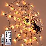 Halloween Spinnennetz LED-Lichter, 70 LED mit Fernbedienung, 8 Helligkeitsmodi, 3,28 ft Durchmesser wasserdichte Netzlichter und 1 schwarze Spinne für Indoor-Outdoor-Halloween-Party-Dek