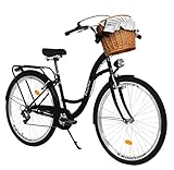 Milord. 26 Zoll 7-Gang schwarz Komfort Fahrrad mit Korb und Rückenträger, Hollandrad, Damenfahrrad, Citybike, Cityrad, Retro, Vintag