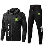 CONVERMPU Herren Sportswear Anzug John-Deere Logo Kapuzenjacke und Sporthose, Outdoor Casual Zip Jogginganzug Cardigan Trainingsanzug Retro/Schwarz/L