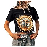 Damenmode Sun and Moon Print Rundhalsausschnitt mit tiefem Vintage-Top T-Shirt Sweatshirts & Kapuzenpullover für Damen Damen Shirt Kurzarm wanderhemd H