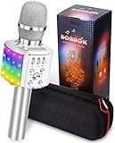 BONAOK Mikrofon mit Lautsprecher Led, Tragbares 4 in 1 Mikrofon Kinder mit Aufnahmefunktion, Zuhause Party Karaoke Dynamische Bluetooth Mikrofone für Android/iOS (Silber)