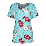 Graceyo Weihnachten Damen Pflege Kasacks Kurzarm V-Ausschnitt Nurse T-Shirt Oberteil Frauen Arbeitskleidung Pflege Uniformen Schlupfkasack Pflegeuniform Bluse mit Taschen Arb