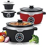 Digitaler Slow Cooker 3,5 L mit Timer, Warmhaltefunktion, Schongarer, Dampfgarer, Schmortopf, Gartopf, Sous Vide, retro (Rot)