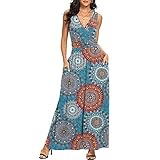 Ainiyo Kleider Damen Maxikleider Boho Kleider Bohemien Freizeitkleider Strandkleider Shirtkleider Abendkleider Brautkleider Mode Frauen Casual Ärmelloses V-Ausschnitt Bedrucktes Damen Slim Long D