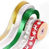 Weihnachtsband, Bst4u Schneeflocke Elch, Organza Geschenkpapierband, Polyester Waldgrün Satinband für Geschenkverpackung Basteln Kränze Bögen Karten Baumdekor Weihnachten Thanksgiving Geschenk B