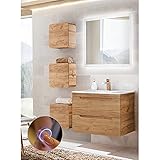 Lomadox Badmöbel Waschplatz Set Eiche, Keramik Waschtisch mit 80cm Unterschrank, LED-Spiegel, 3 Hängeschränk