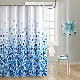 Duschvorhang Blau 180x200 cm Polyester Stoff Schimmelresistent Wasserdicht Maschinenwaschbar Lang Badezimmer Badewanne Vorhänge mit 12 Duschvorhangringe Plastik Haken, Blütenblätter Blumen M