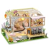 erhumama DIY Musik-Puppenhaus mit Staubschutz, Miniatur-Katze, Café, 3D-Modell-Kits, Holzpuppenhaus, Möbel, Lichter, Zubehör, Geburtstag, Weihnachten, Geschenk für Jungen und Mädchen (Cafe)
