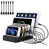 PRITEK USB Ladestation für Mehrere Geräte 6 Port USB Multi Ladestation Handy USB Ladegerät Dockingstation für Mobiltelefon Tablet MP4 und andere USB-fähige Geräte 6 Kurze Kabel Inkl. (Schwarz)