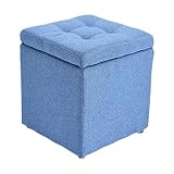 mit Deckel Ottoman Aufbewahrung Leder Fußhocker Leinen Fußhocker Verdeckte Aufbewahrung Aufbewahrungsbox Quadratischer Aufbewahrungssitz, Leinen-Blau-30 * 30 * 35CM