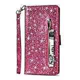 Artfeel Reißverschluss Brieftasche Hülle für Samsung Galaxy S7, Bling Glitzer Leder Handyhülle mit Kartenhalter,Flip Magnetverschluss Stand Schutzhülle mit Tasche und Handschlaufe-Rose R