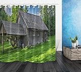 Bauernhaus Holzhütte Frühlingsgras Hochauflösend bedruckterdekorativer wasserdichterDuschvorhang,geeignetfürBadezimmer,12 Haken,180x200cm,unverzichtbar fürdasB