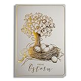 ART NUVO EXKLUSIVE OSTERKARTEN –SATZ VON 10 MANUFAKTURKARTEN IN LEICHTEM BEIGE 120x170mm, VERGOLDETE UND GEPRÄGTE OSTERMOTIVE HERGESTELLT AUS AQUARELLSCHMUCKPAPIER, MIT BEIGEN EINLAGEN UND UMSCHLÄGEN