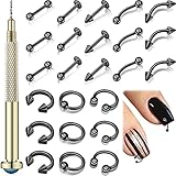 25 Stücke Nagel Kunst Anhänger Charms mit Nagel Piercing Werkzeug Handbohrer, Nagel Schmuck Ringe Nagel Charms Durchbohrte Nagel Kunst Zubehör für Nagelspitze, Acryl, Gele Dekor (Schwarz)