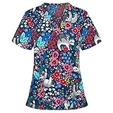 Graceyo Kasacks Damen Pflege Blumenmuster Bluse T-Shirt Schlupfkasack mit Taschen Kurzarm V-Ausschnitt Schlupfhemd Pflegeuniform Berufskleidung Krankenpfleger Uniformen Große Größe L-5XL
