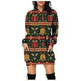 BIKETAFUWY Weihnachtskleid Damen Hoodie Kleid Weihnachtspullover Langarm Sweatshirts Weihnachtsbaum Rentiere Rock Mini Pullover Kleid Sexy Ugly Christmas Sweater D