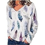 yiouyisheng Damen Oberteile Langarmshirts Casual Lose Pullover Bluse Oversize Sweatshirt Oberteil Tops Damen Top Langarm Tshirt mit V-Ausschnitt und modischem Print Frühling und Herb