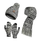 3 in 1 Damen Wintermütze Warm Beanie Handschuhe Touchscreen Langer Schal Kombinationsset mit Fleecefutter Stricken Mütze,Schal und Handschuh Set Frauen Zopfmuster Strickmütze Schal Handschuh H
