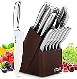 Messerblockset, HOBO Messerblock Profi Messer Set, Edelstahl Küchenmesser Set 14-teilige mit Holzblock Anspitzer Küchenschere, Ergonomischer Griff Messerset Kochmesser Steakmesser B