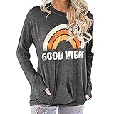 YELIN Damen Langärmliger Rundhals Regenbogen Briefdruck T-Shirt Lose Mode Casual Hoodies Tops Pullover Sweatshirt (Grau orange, XXL)