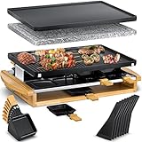 KESSER® Raclette-Grill mit Naturgrillstein, Grillplatte Tischgrill für 8 Personen, Elektrogrill Raclette Grill antihaftbeschichteter Grillplatte, 8 Pfannen und Holzspatel 1200W