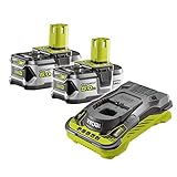 Ryobi Akku-Set mit Ladegerät (18 V, 2x Akku 5 Ah, Ladezeit 60 min, Ladestandsanzeige, 3x mehr Laufzeit) RC18150-250