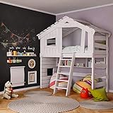Alpin Chalet, Hochbett für Kinder, Spielbett, Hausbett, Massivholz, auch mit Zubehör (Zubehör optional:, mit Unterregal (viereckig))
