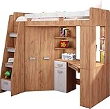Hochbett mit Schreibtisch, Regal und Kleiderschrank. Treppe rechts oder links (Craft-gold/Craft-white - Left Hand-side Stairs)
