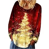 Komiseup Weihnachtsbaum Langarmshirts Damen 3D Christmas Tree Drucken Langarm Casual Shirts Pullover Lose Tunika Tops Frauen Longsleeve Grafikdruck T-Shirt Bluse Motiv Oberteile Sw