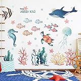 WandSticker4U®- XXL Aquarelle Wandtattoo UNTERWASSERWELT I Wandbilder: 141x118 cm I Fische Ozean Meer Wal See-pferdchen Schildkröte Maritim Fliesen-aufkleber I Wand Deko Kinderzimmer Kinder Bad GROSS