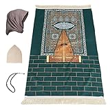 Gebetsteppich, Gebetsteppich, Hijab, kostenlose Gebetsperlen und kostenlose Gebetskappe, tolles Ramadan-Geschenk, Eid-Geschenk für Männer, Frauen und Kinder (grünes Tor)
