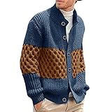 EverNight Herren-Kabel-Strick-Strickjacke, Kontrast-Farbblock Gestrickter Pullover Mit Knopf, Klobige Strickjacke Warm Outwear,Blau,L