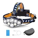 Stirnlampe superheller, Kopflampe 8 LED 8 Modi mit Warnleuchte,Stirnleuchte USB und 2xBatterien Wasserdicht, Kopfleuchte für Camping,Fischerei,Keller,Joggen,W