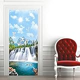 Türtapete Selbstklebend Türposter 3D Kunst Abziehbilder Blauer Himmel Wald Wasserfall Landschaft 95x215cm Wasserdichte Diy Tapete Für Wohnzimmer Schlafzimmer Küche Badezimmer Dek