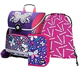 Schulranzen Mädchen Set 3 Teilig - Schultasche ab 1. Klasse - Grundschule Ranzen mit Brustgurt - Ergonomischer Schulrucksack (Schmetterling)