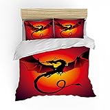 Fliege Schwarz Drache 3D Gedruckt Bettbezug Mode Polyester Rot Gelb Bettwasche Set Kinder Teenager Erwachsene Komfort Zuhause Textil Schlafzimmer, 135x200cm, 3 Teilig (1 Bettbezug 2 KissenbezüGen)